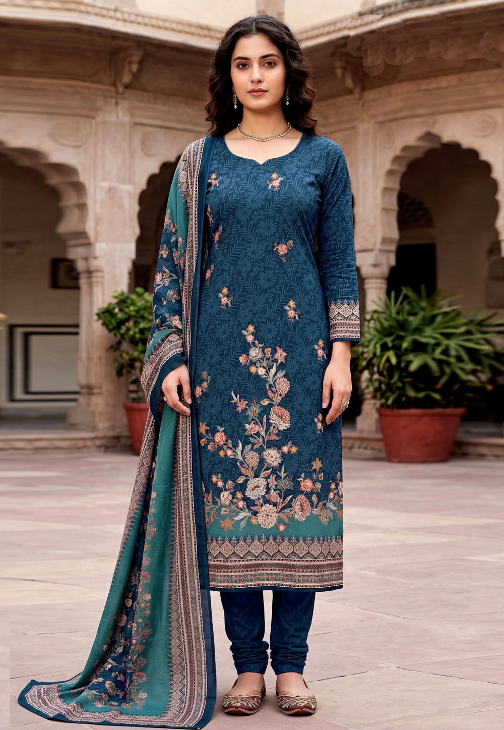 Navy Blue Cambric Cotton Churidar Suit 328339