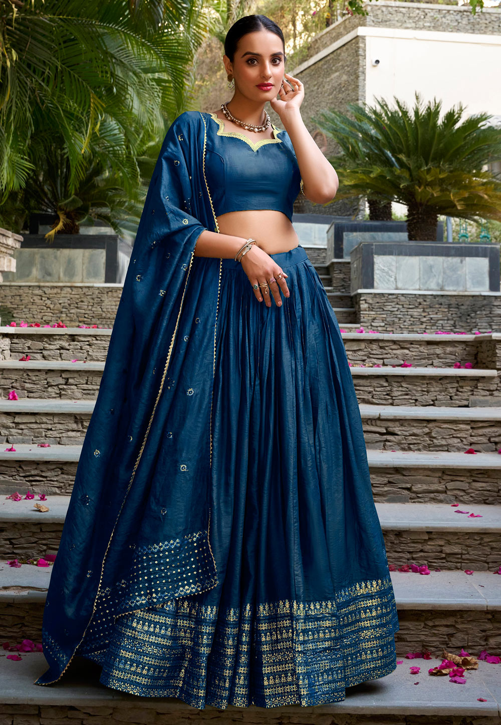 Navy Blue Chanderi Lehenga Choli 321550
