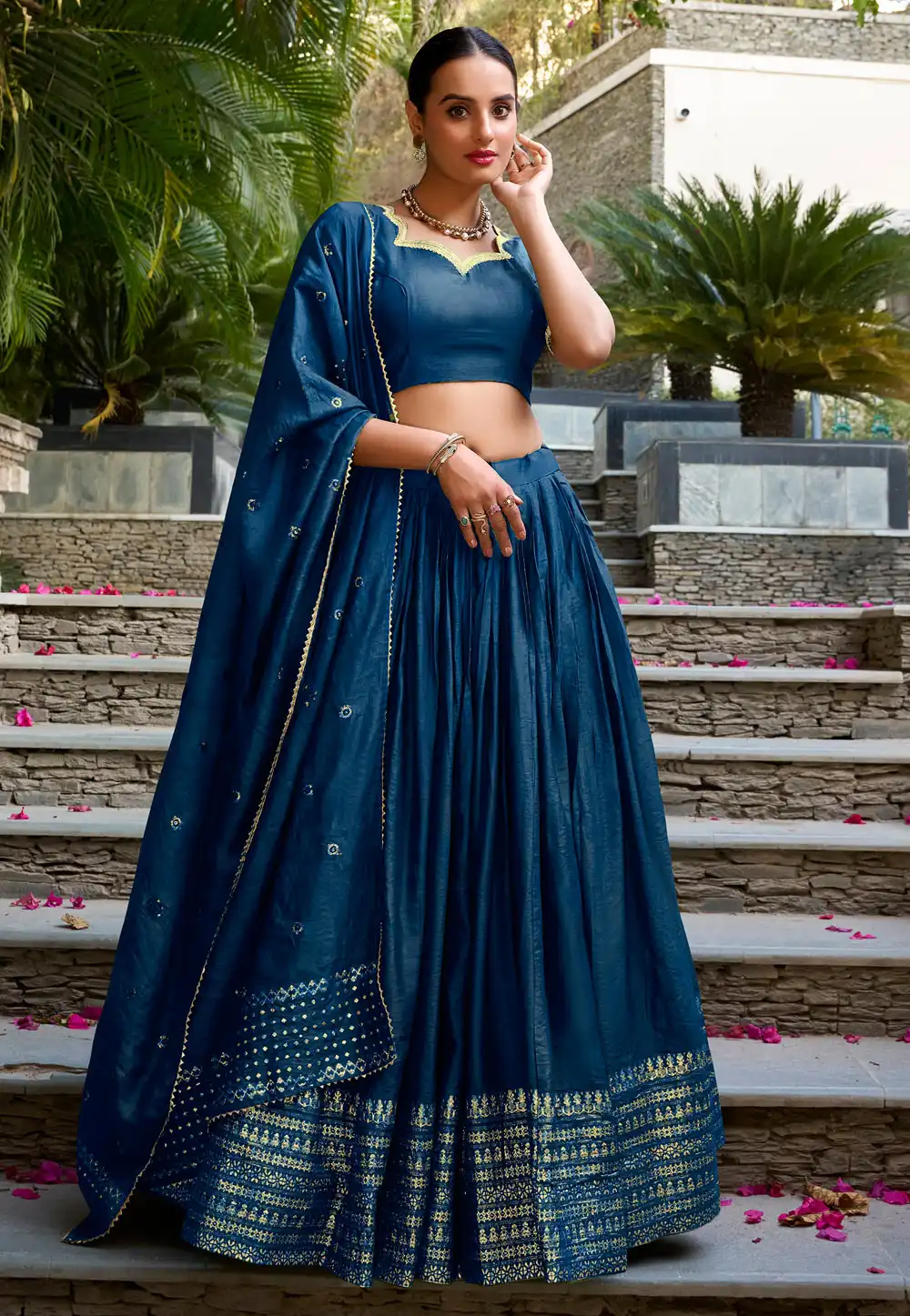 Navy Blue Chanderi Lehenga Choli 321550