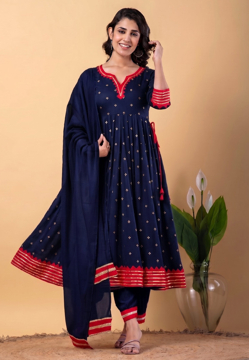 Navy Blue Chanderi Readymade Anarkali Suit 330292