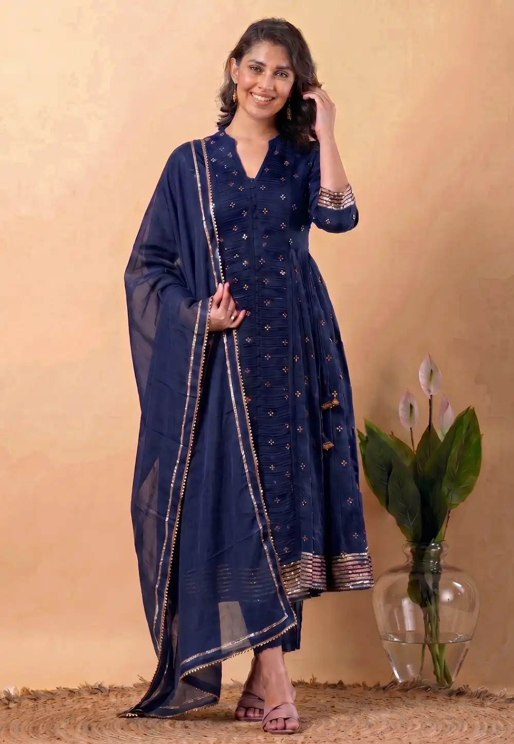 Navy Blue Chanderi Readymade Anarkali Suit 328103