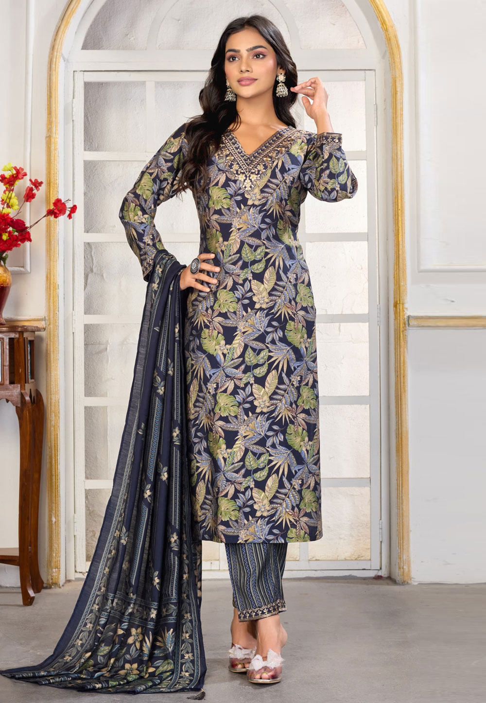 Navy Blue Chanderi Readymade Pakistani Suit 318721