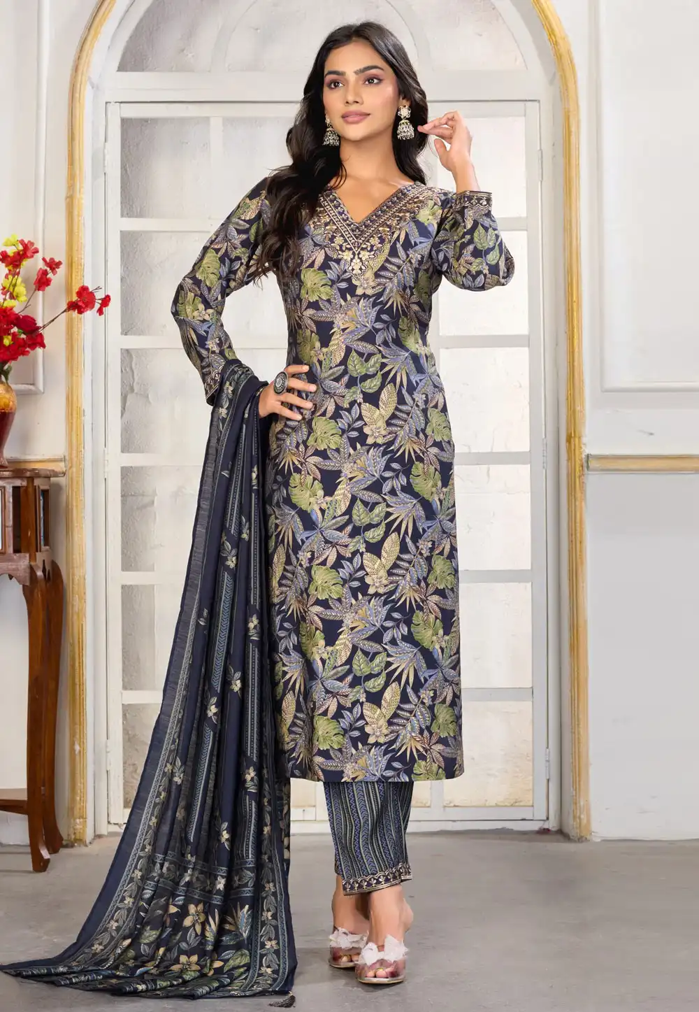 Navy Blue Chanderi Readymade Pakistani Suit 318721