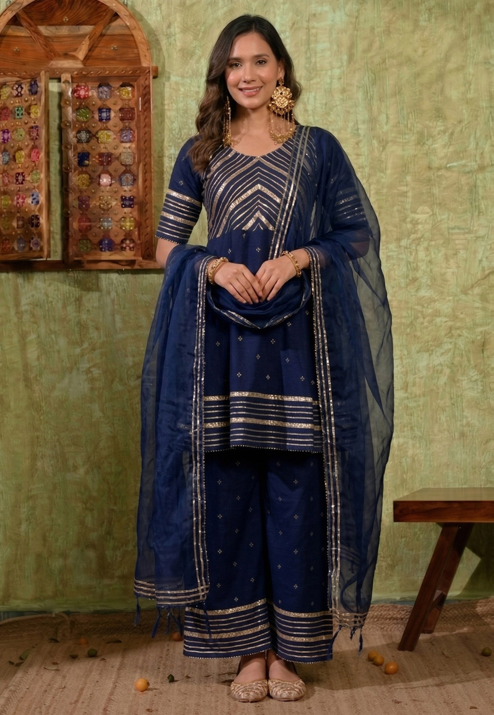 Navy Blue Chanderi Readymade Palazzo Suit 328102