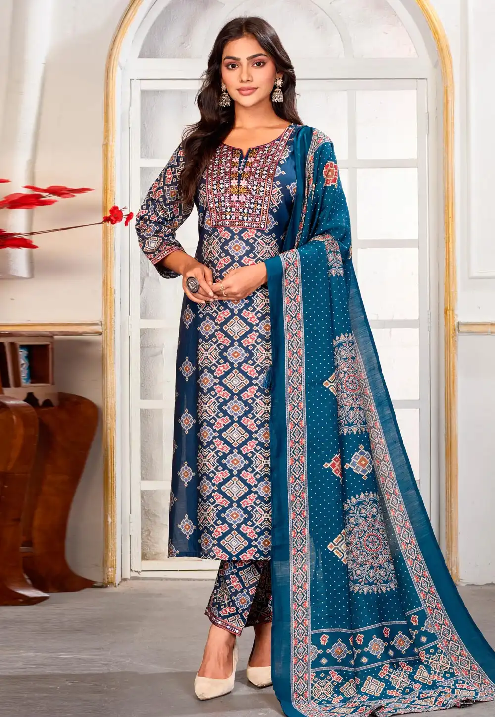Navy Blue Chanderi Readymade Pant Style Suit 318538