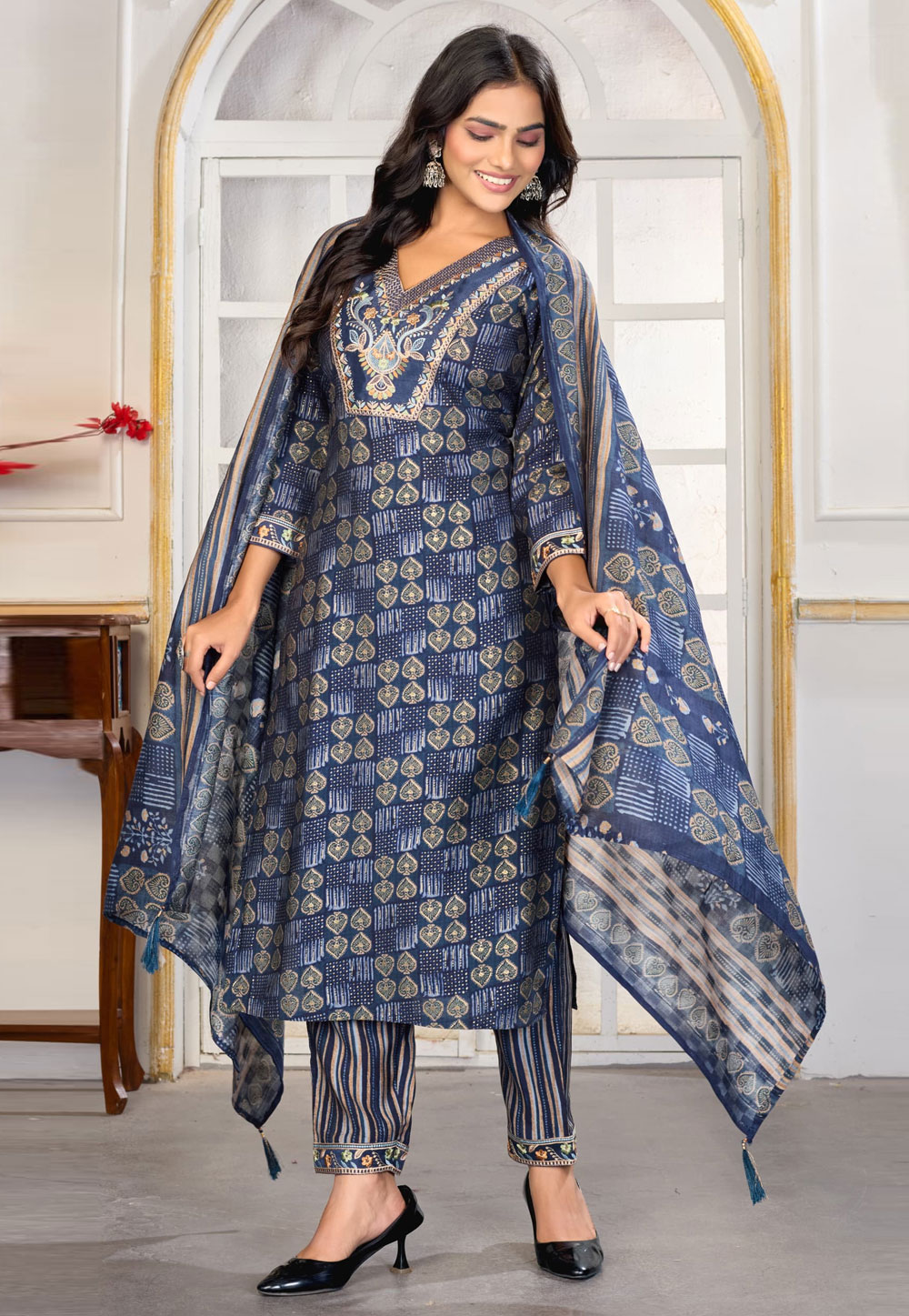 Navy Blue Chanderi Readymade Pant Style Suit 318718