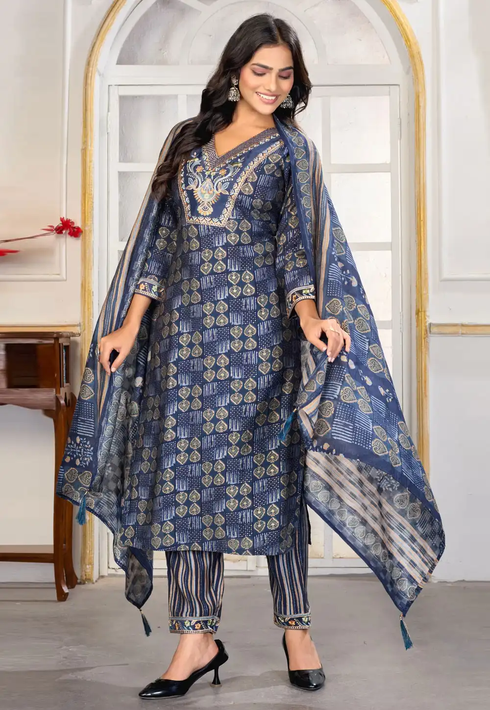 Navy Blue Chanderi Readymade Pant Style Suit 318718