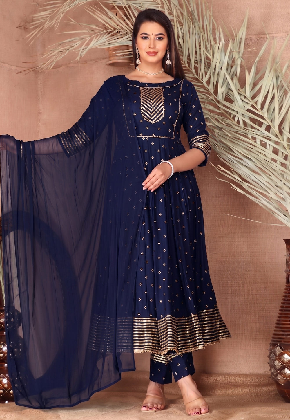 Navy Blue Chanderi Readymade Pant Style Suit 330295