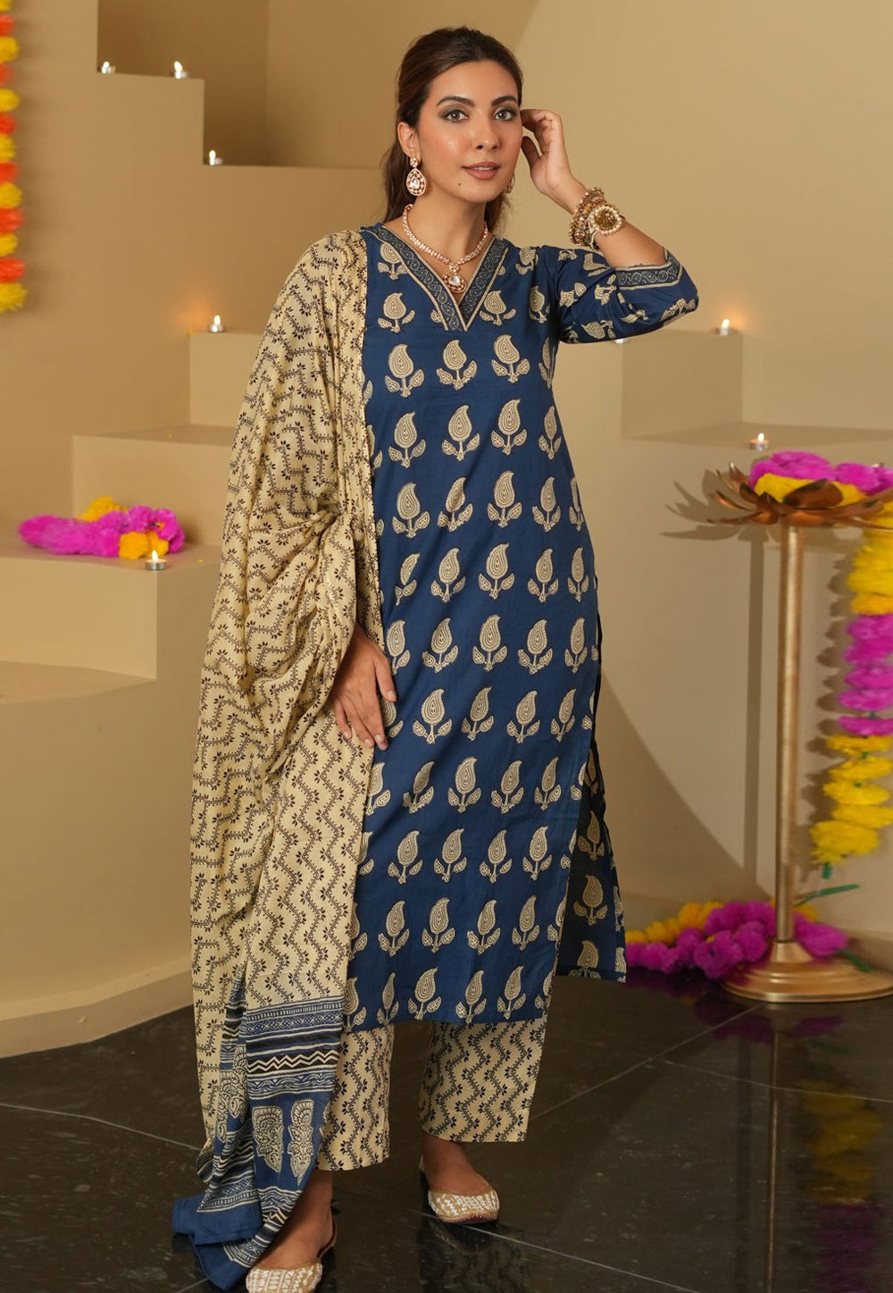 Navy Blue Chanderi Readymade Pant Style Suit 308888