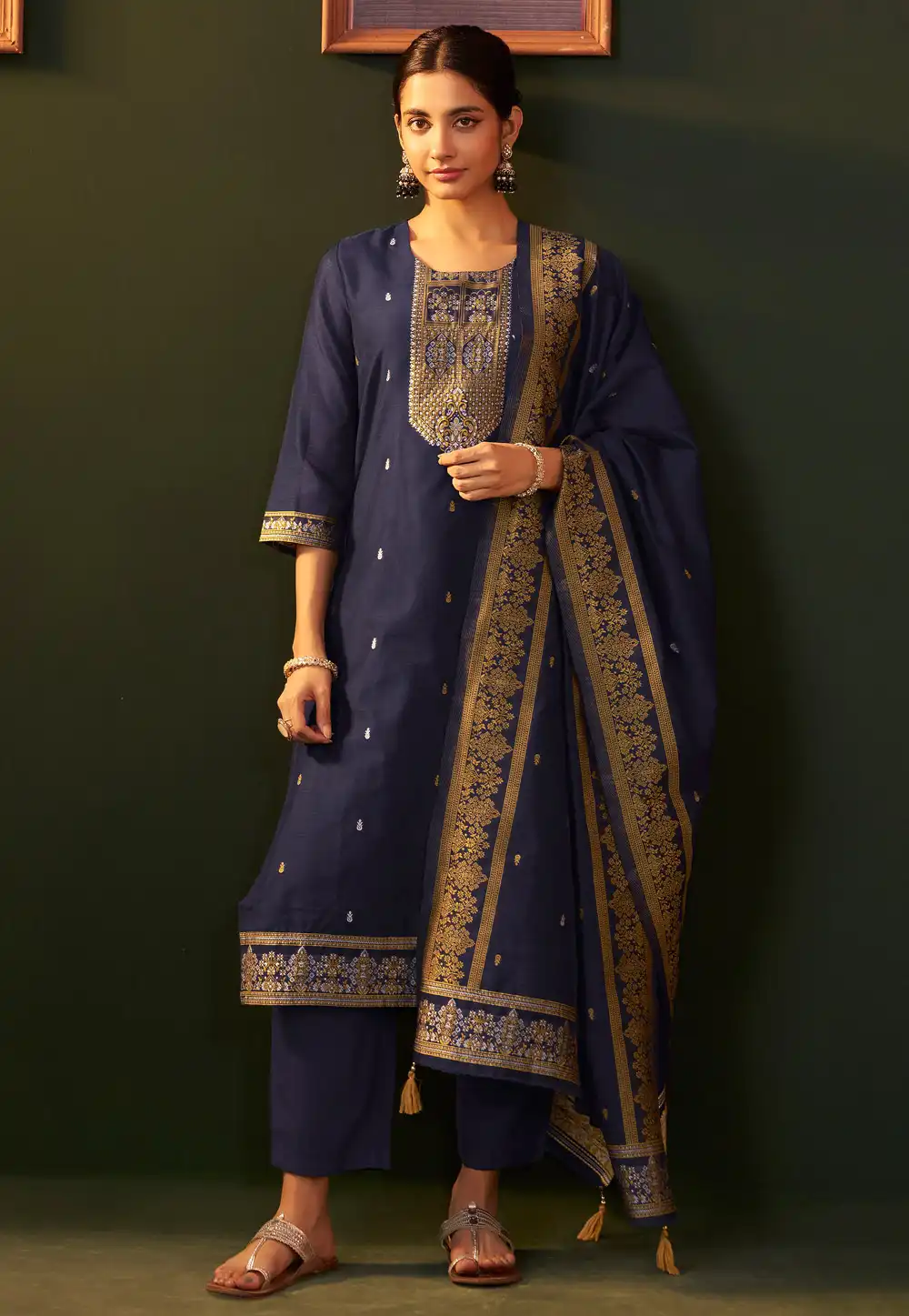 Navy Blue Chanderi Readymade Pant Style Suit 321810