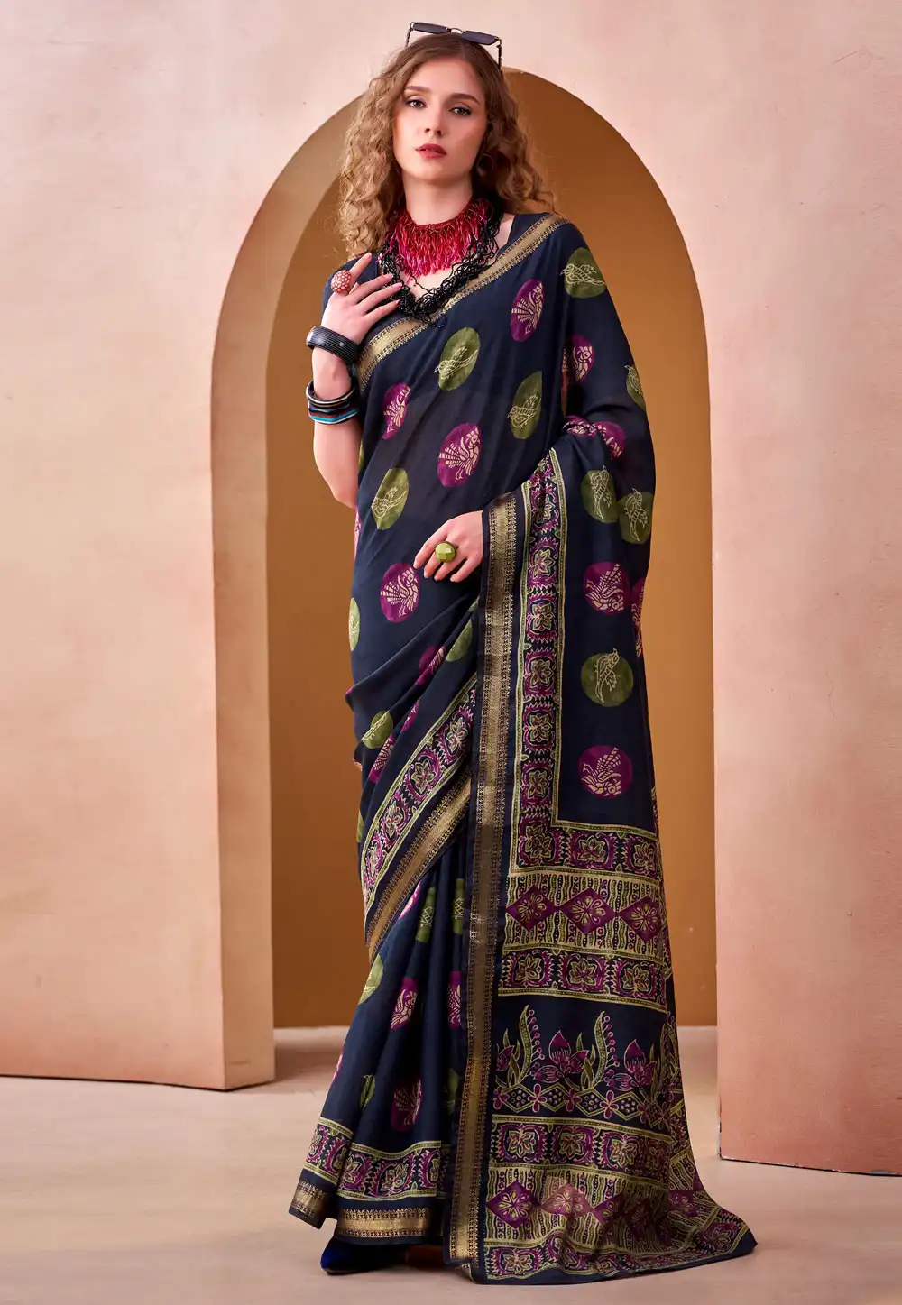Navy Blue Chanderi Saree With Blouse 329494