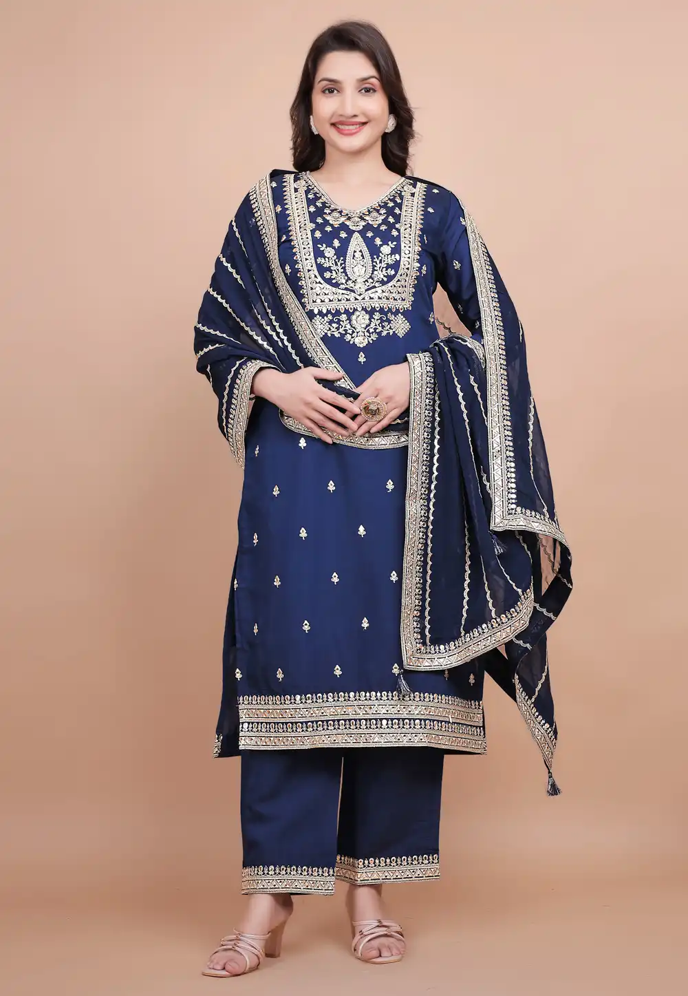 Navy Blue Chanderi Silk Readymade Palazzo Suit 313617