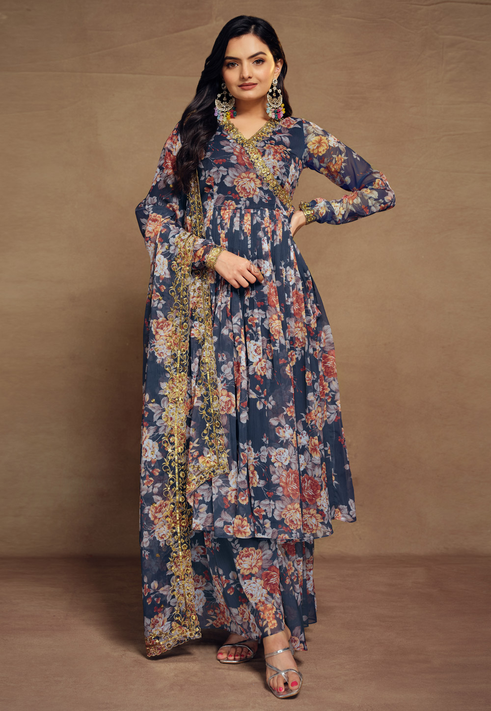 Navy Blue Chiffon Readymade Pakistani Suit 286688