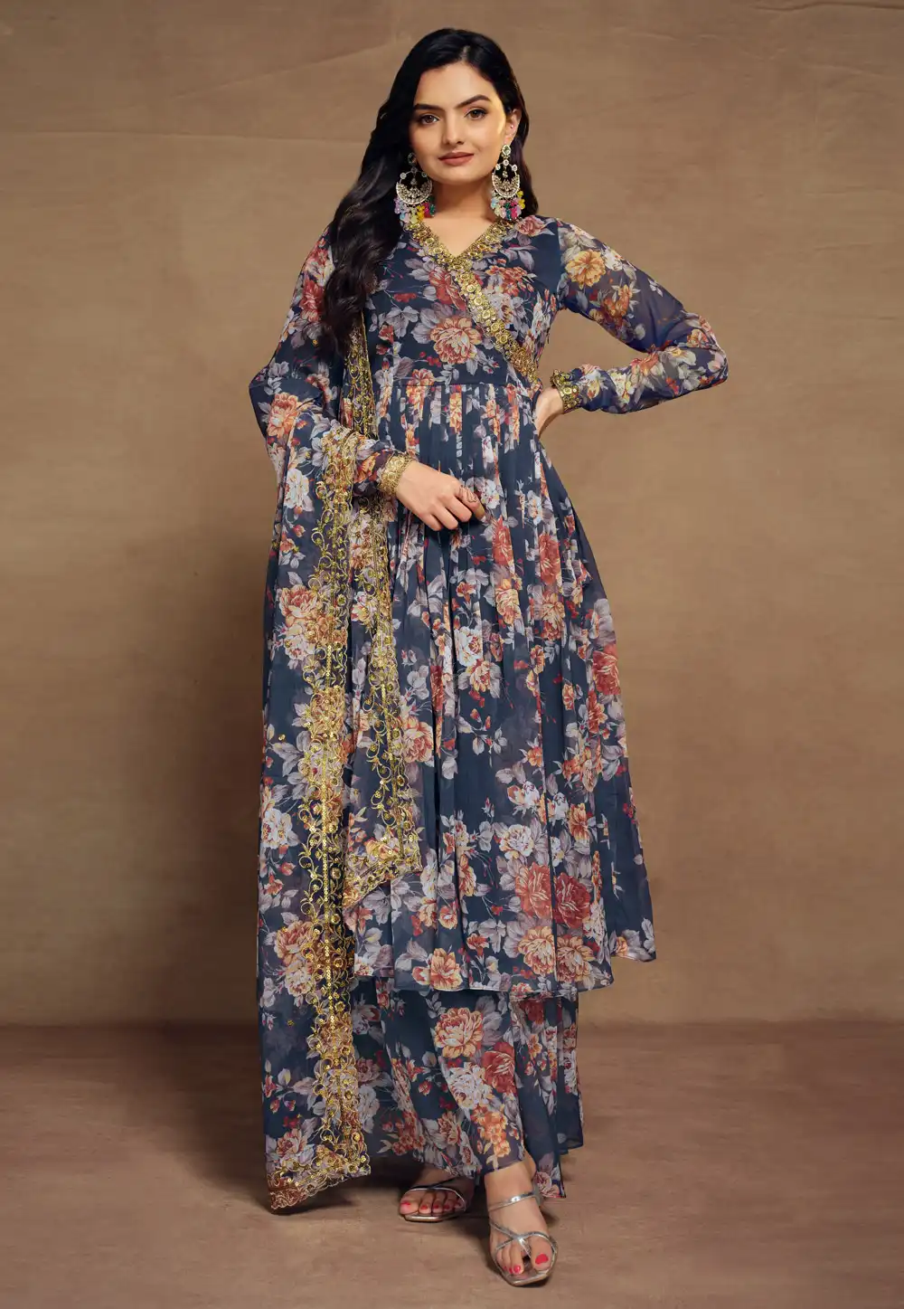 Navy Blue Chiffon Readymade Pakistani Suit 286688
