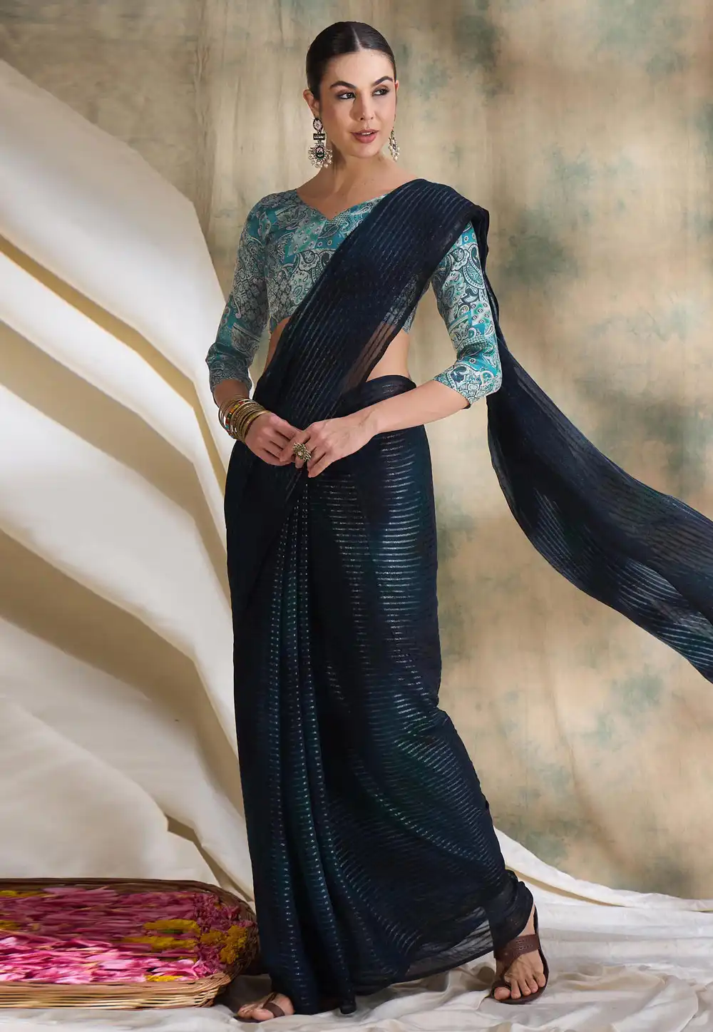 Navy Blue Chiffon Saree With Blouse 320297