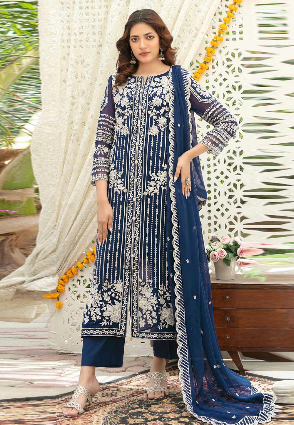 Navy Blue Chiffon Straight Suit 329674