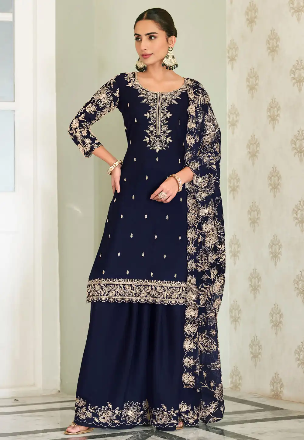 Navy Blue Chinon Pakistani Suit 330734