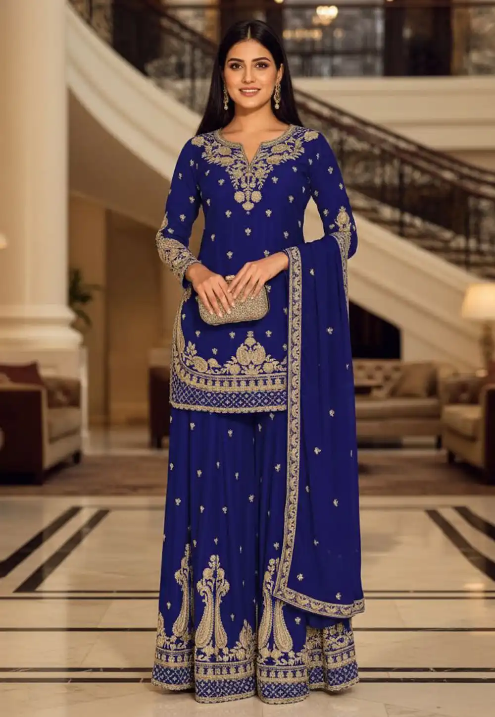 Navy Blue Chinon Palazzo Suit 330413