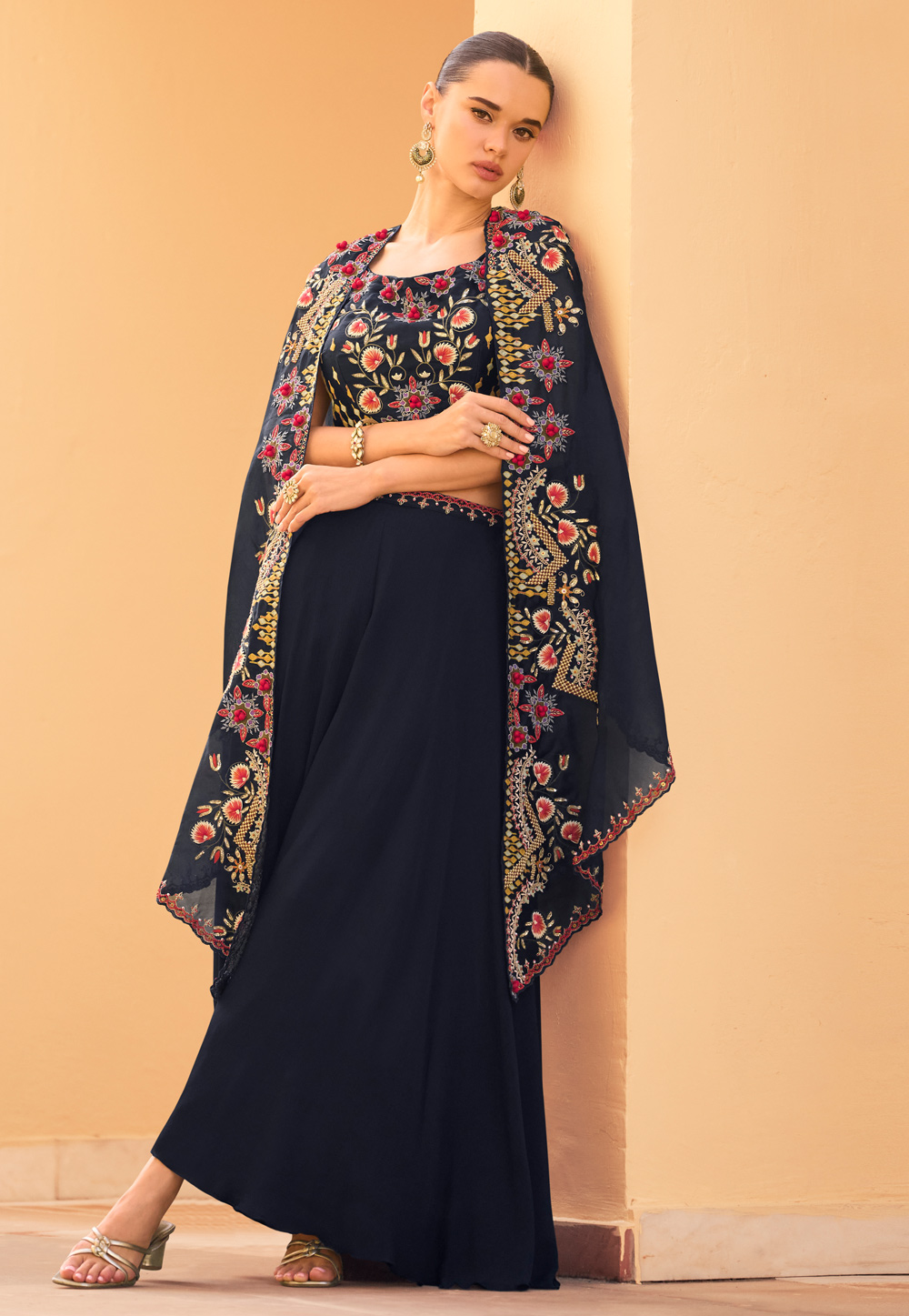 Navy Blue Chinon Palazzo With Crop Top 326127
