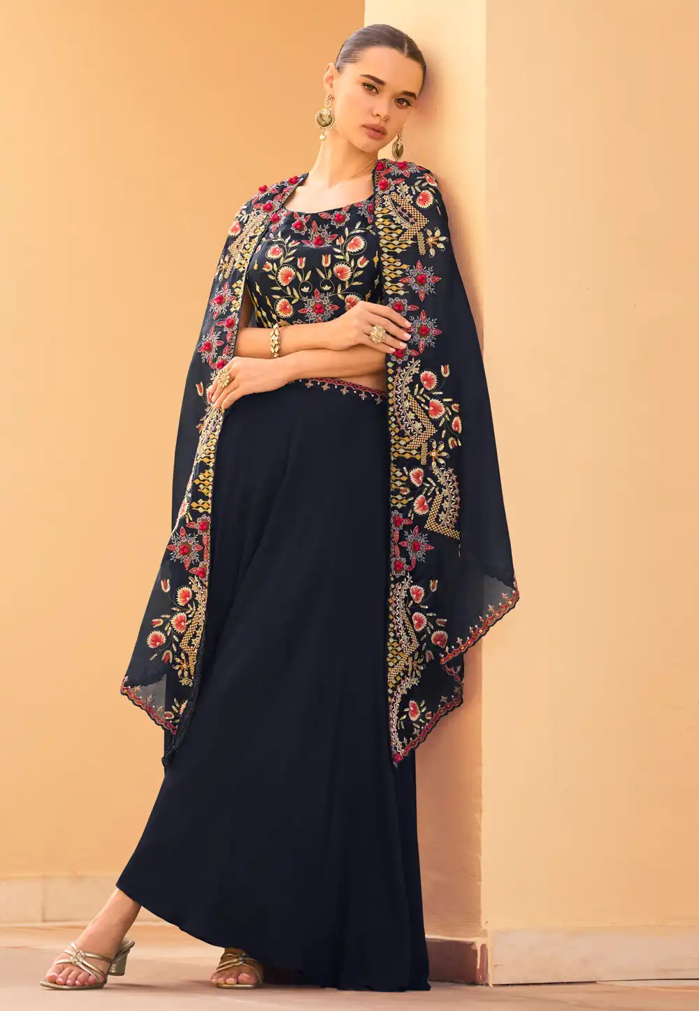 Navy Blue Chinon Palazzo With Crop Top 326127