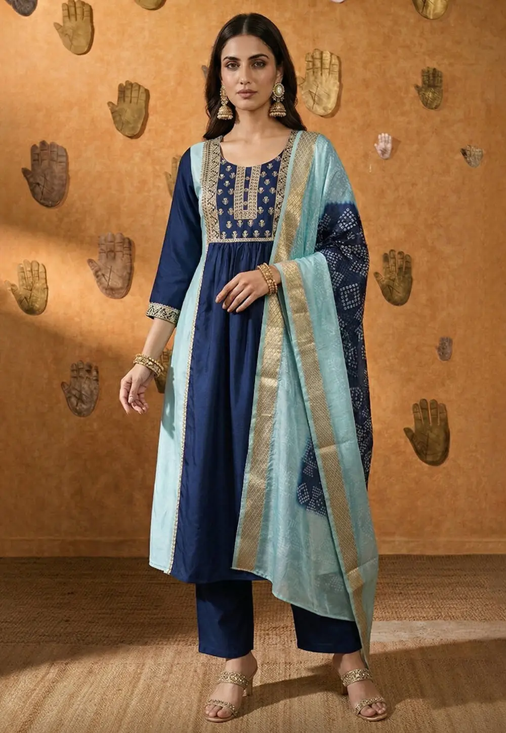 Navy Blue Chinon Readymade Anarkali Suit 334210