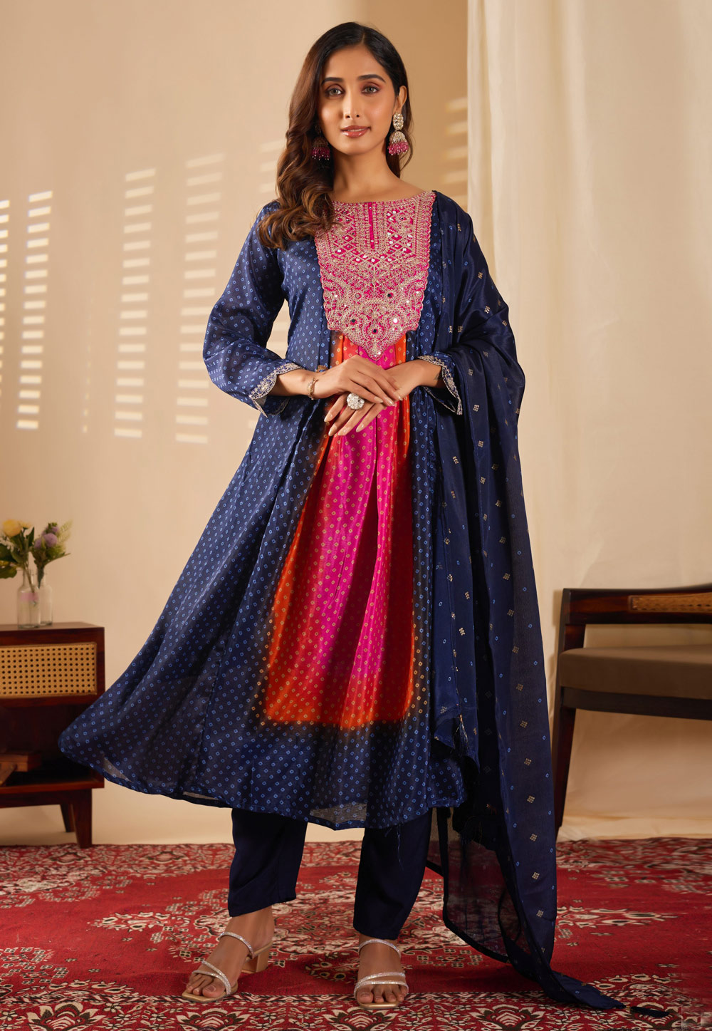 Navy Blue Chinon Readymade Anarkali Suit 319308