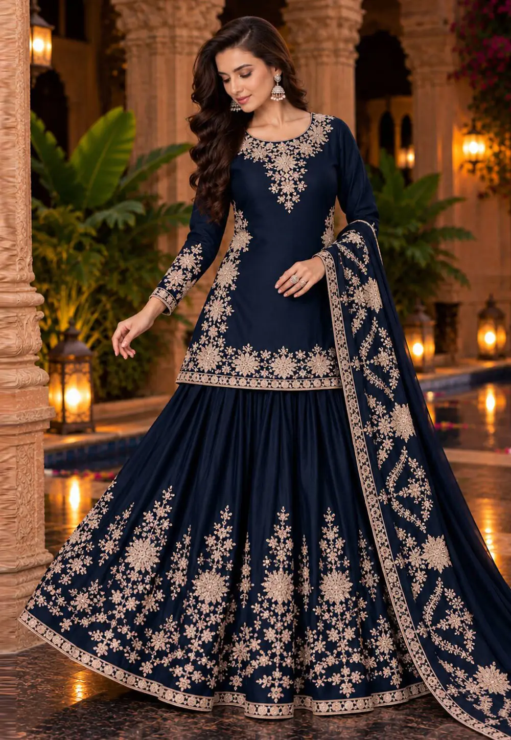 Navy Blue Chinon Readymade Indo Western Lehenga Choli 336397