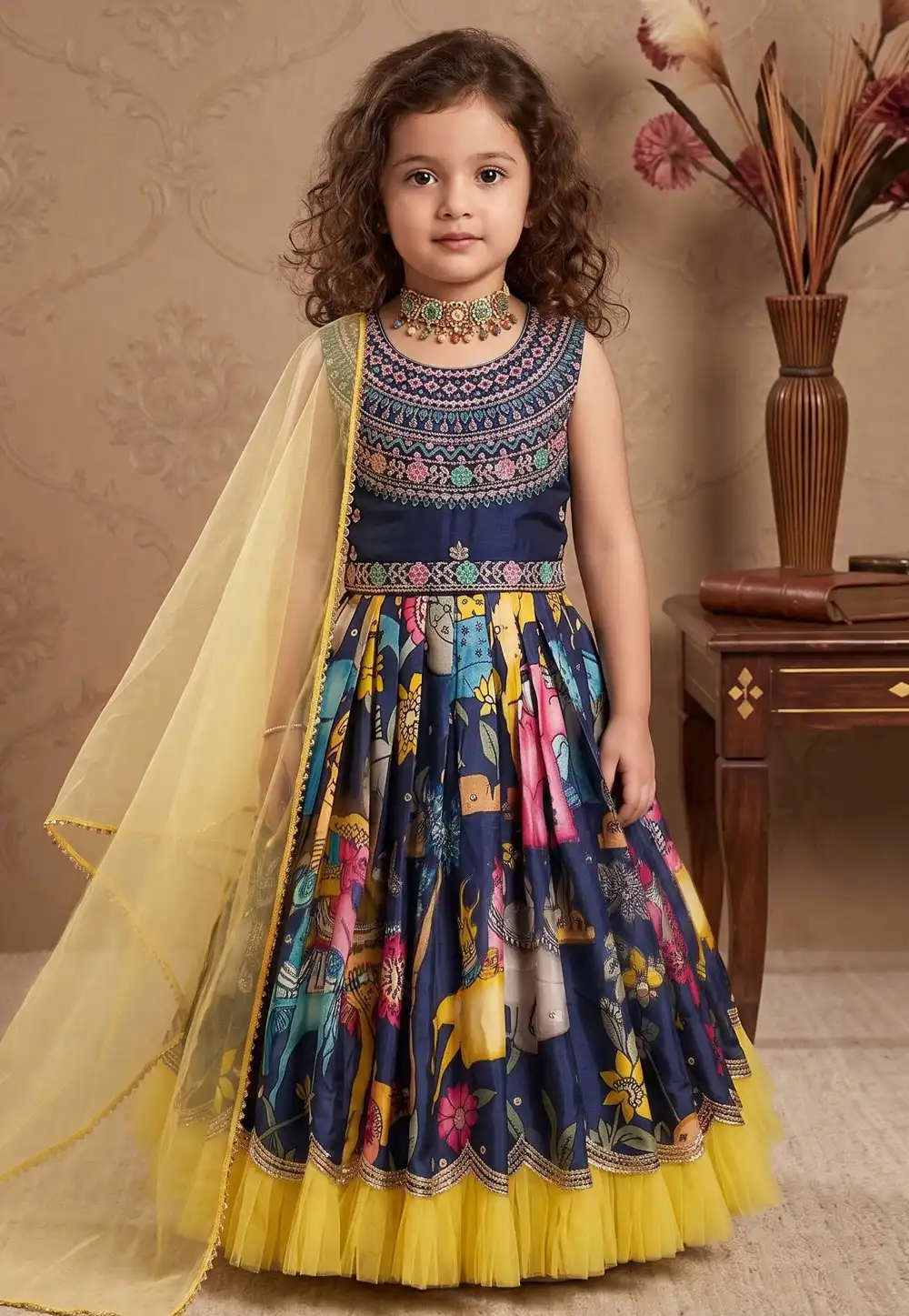 Navy Blue Chinon Readymade Kids Gown 329942