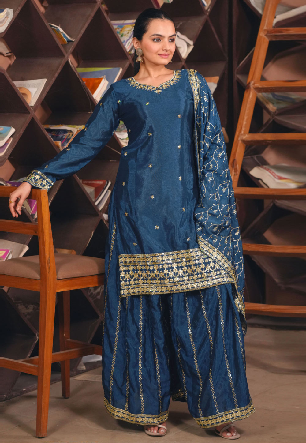 Navy Blue Chinon Readymade Pakistani Suit 320567