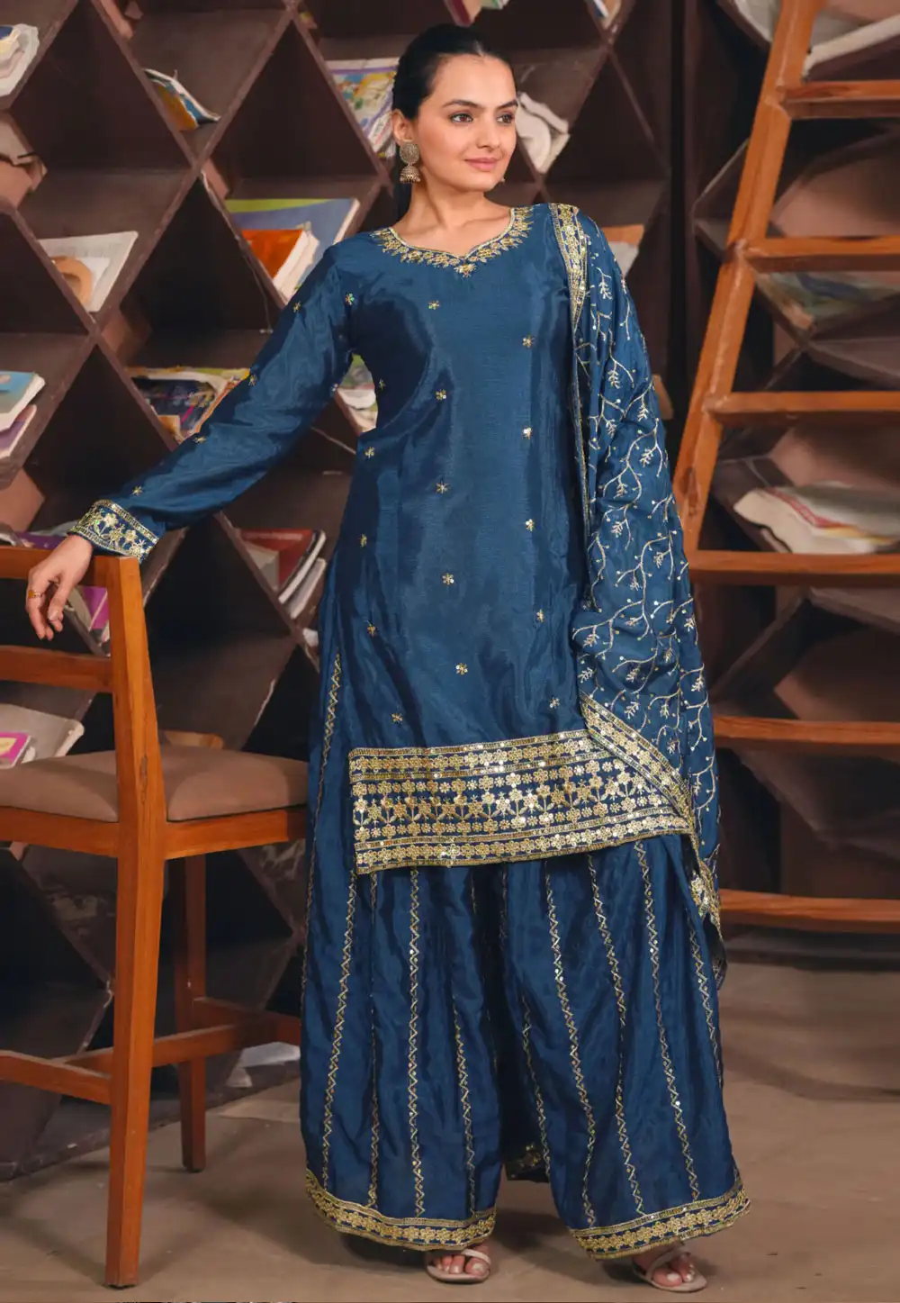 Navy Blue Chinon Readymade Pakistani Suit 320567