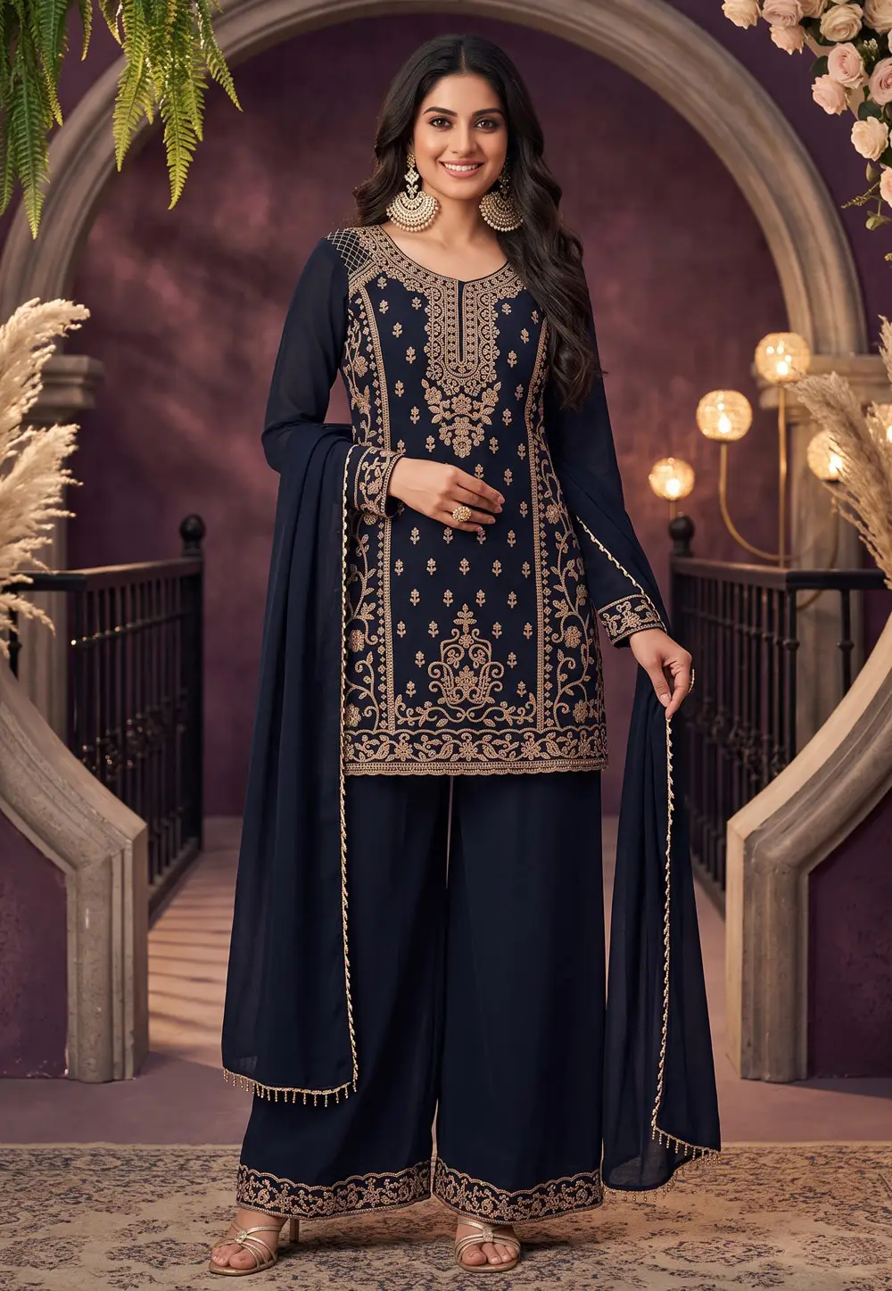Navy Blue Chinon Readymade Palazzo Suit 332624