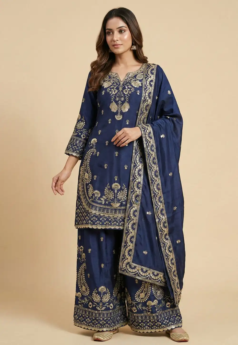 Navy Blue Chinon Readymade Palazzo Suit 323826