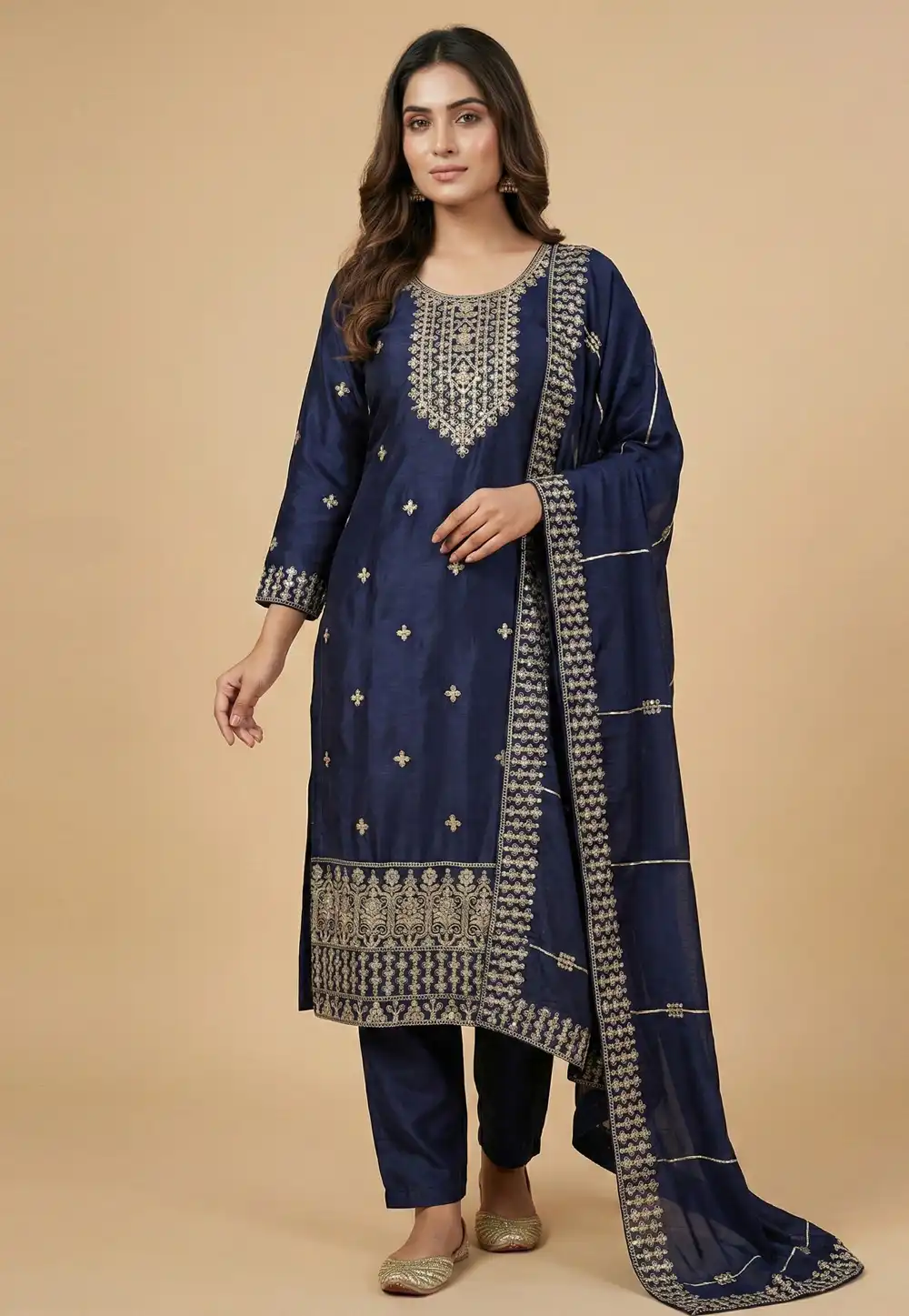Navy Blue Chinon Readymade Pant Style Suit 323862
