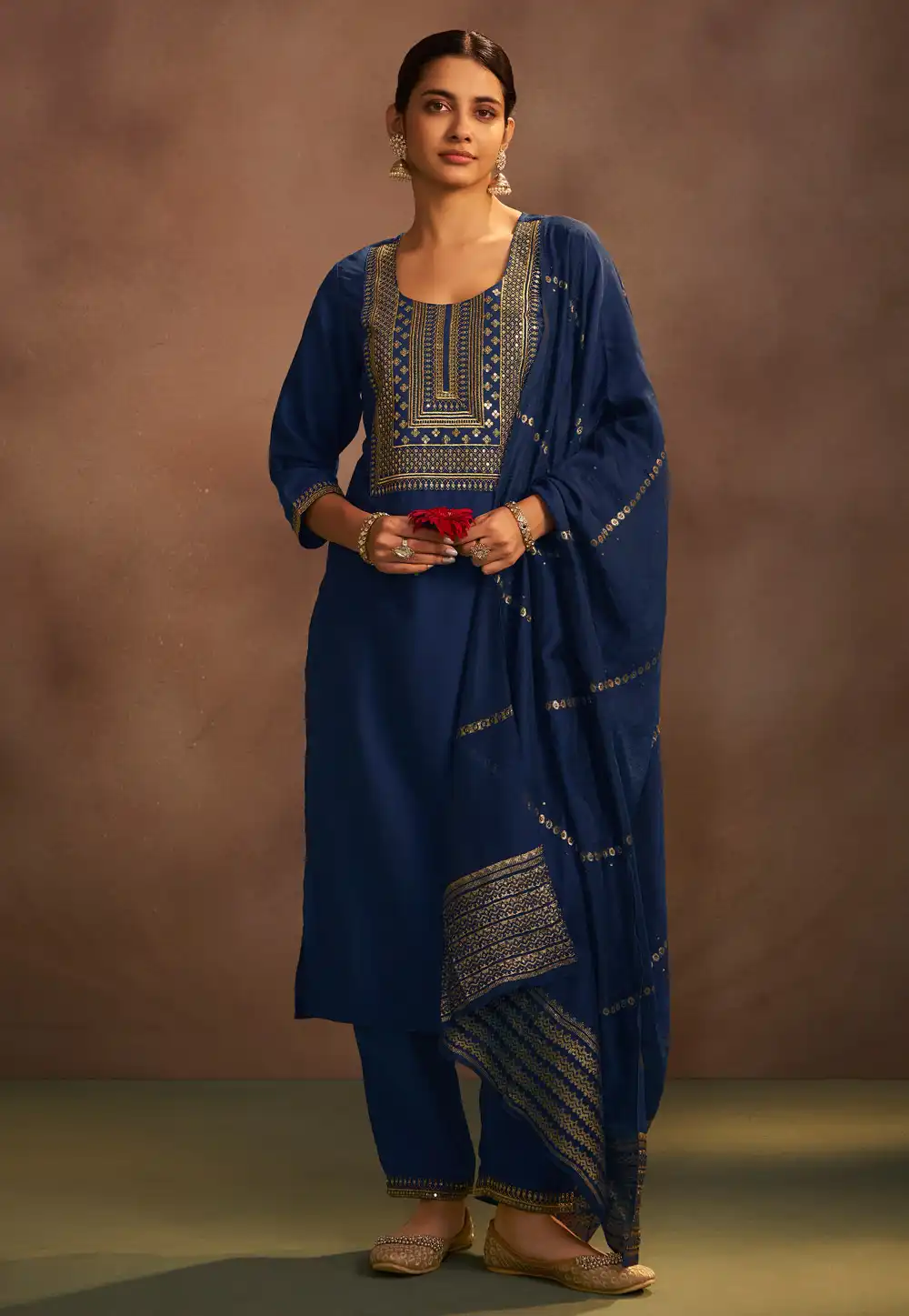 Navy Blue Chinon Readymade Pant Style Suit 321812