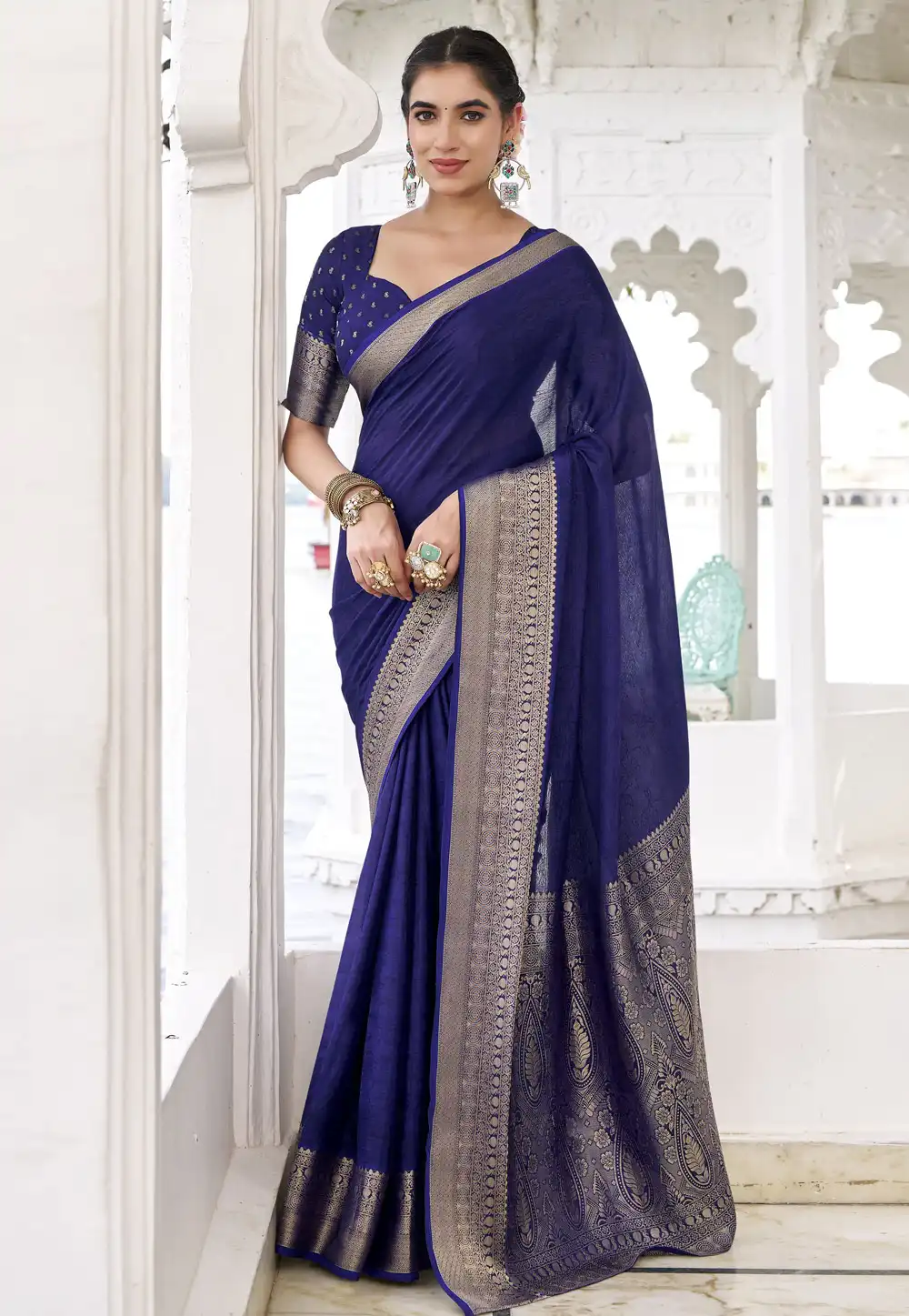 Navy Blue Chinon Saree With Blouse 321506