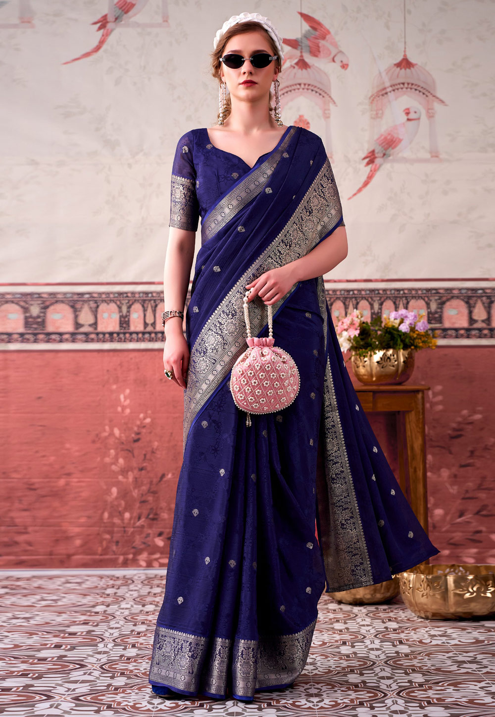 Navy Blue Chinon Saree With Blouse 329485