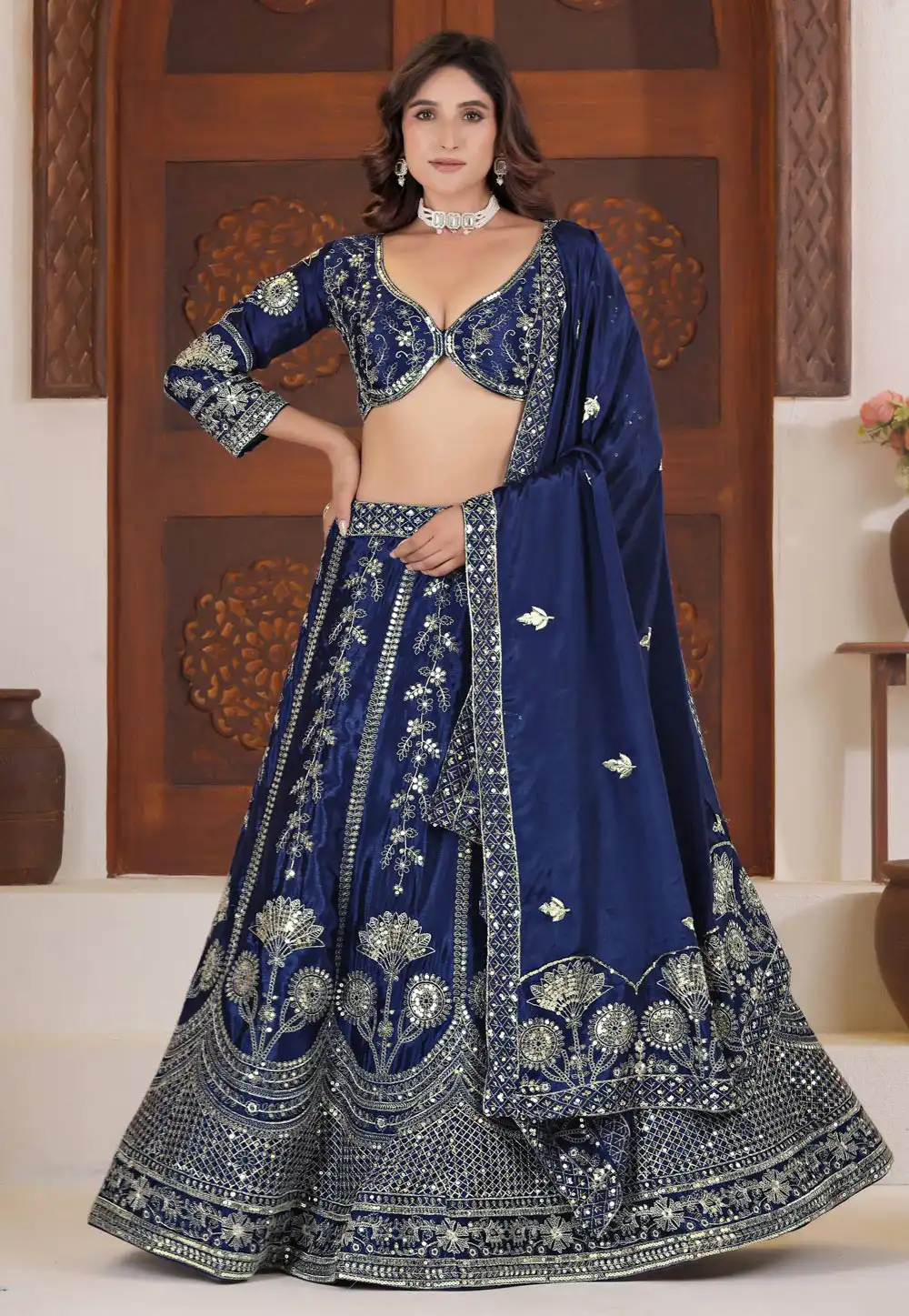 Navy Blue Chinon Silk Circular Lehenga Choli 317543