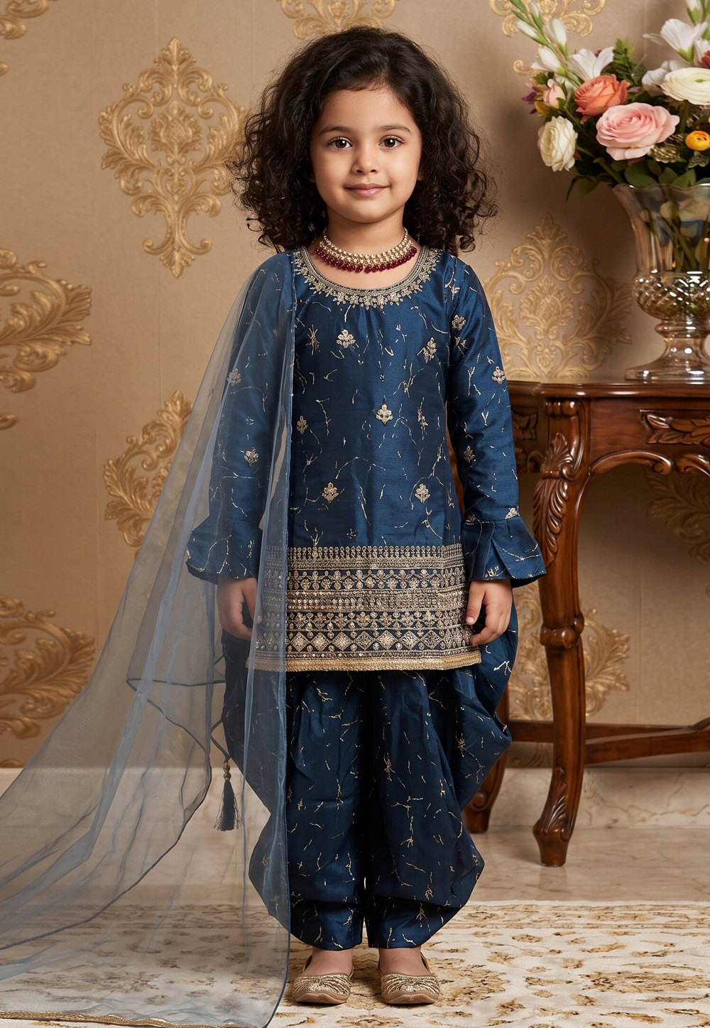 Navy Blue Chinon Silk Kids Dhoti Salwar Suit 329925