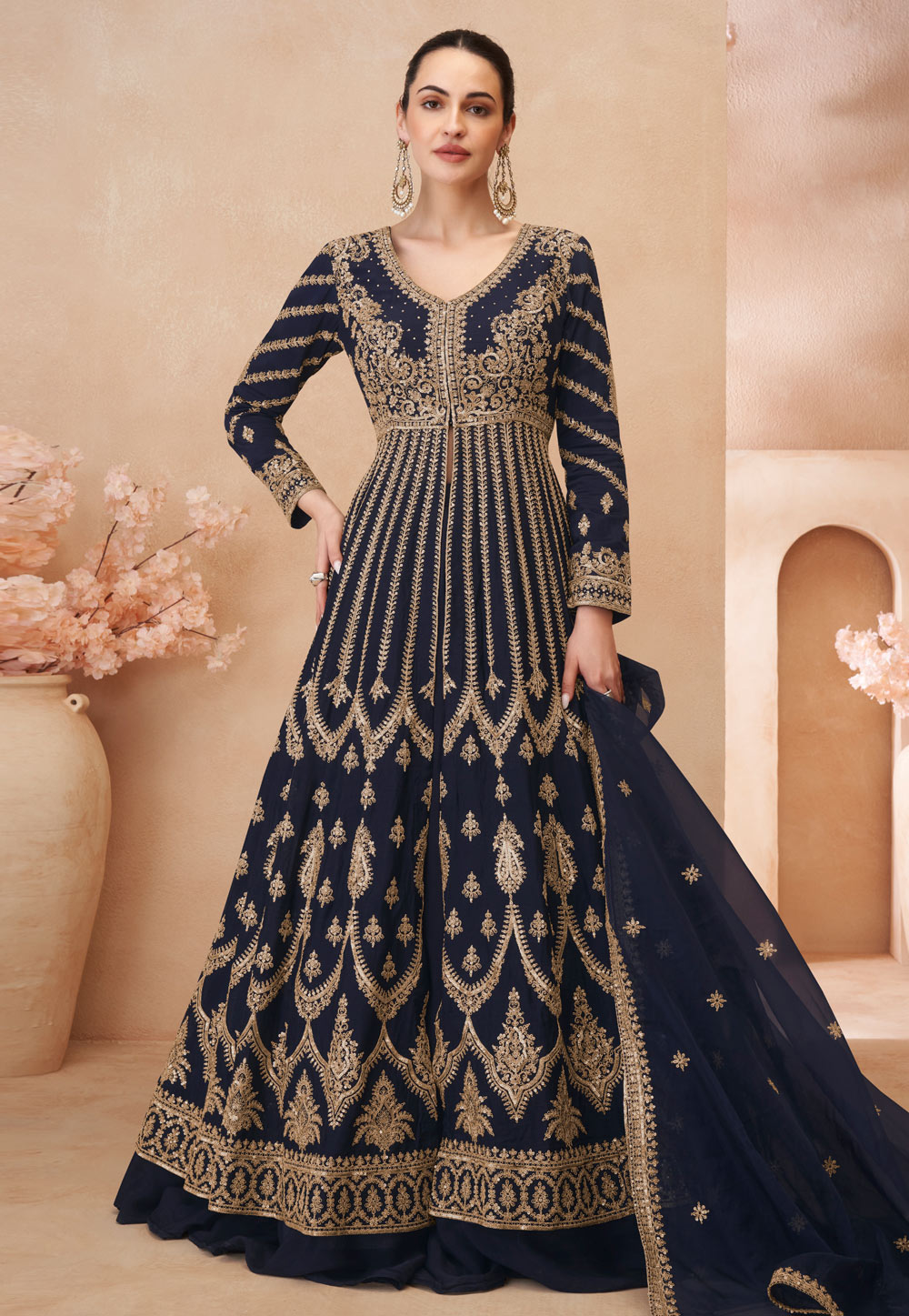 Navy Blue Chinon Silk Long Anarkali Suit 307877