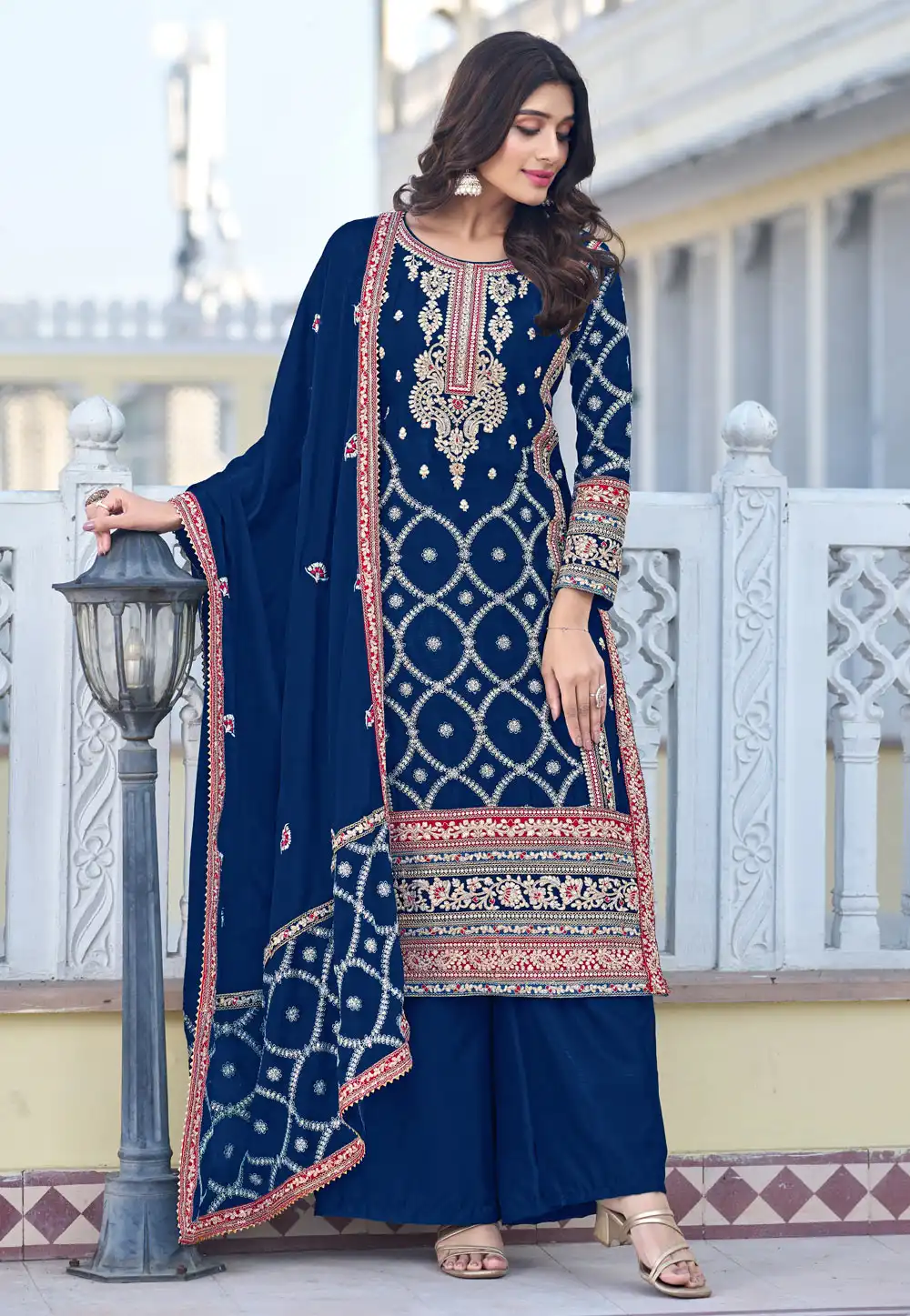 Navy Blue Chinon Silk Pakistani Suit 280029