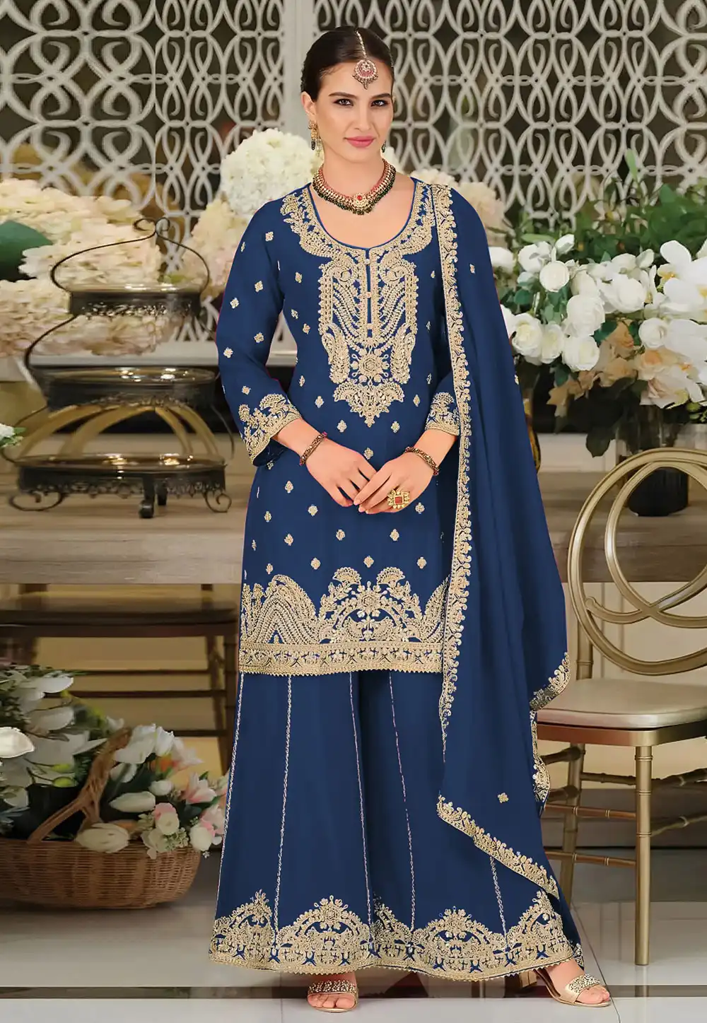 Navy Blue Chinon Silk Palazzo Suit 330384