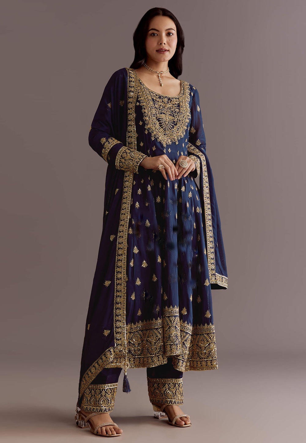 Navy Blue Chinon Silk Readymade Anarkali Suit 325537