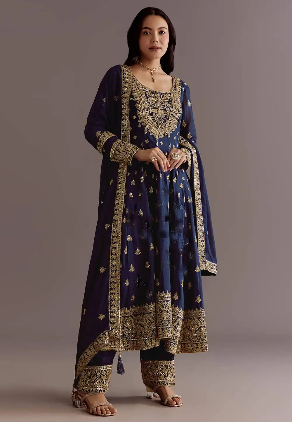 Navy Blue Chinon Silk Readymade Anarkali Suit 325537
