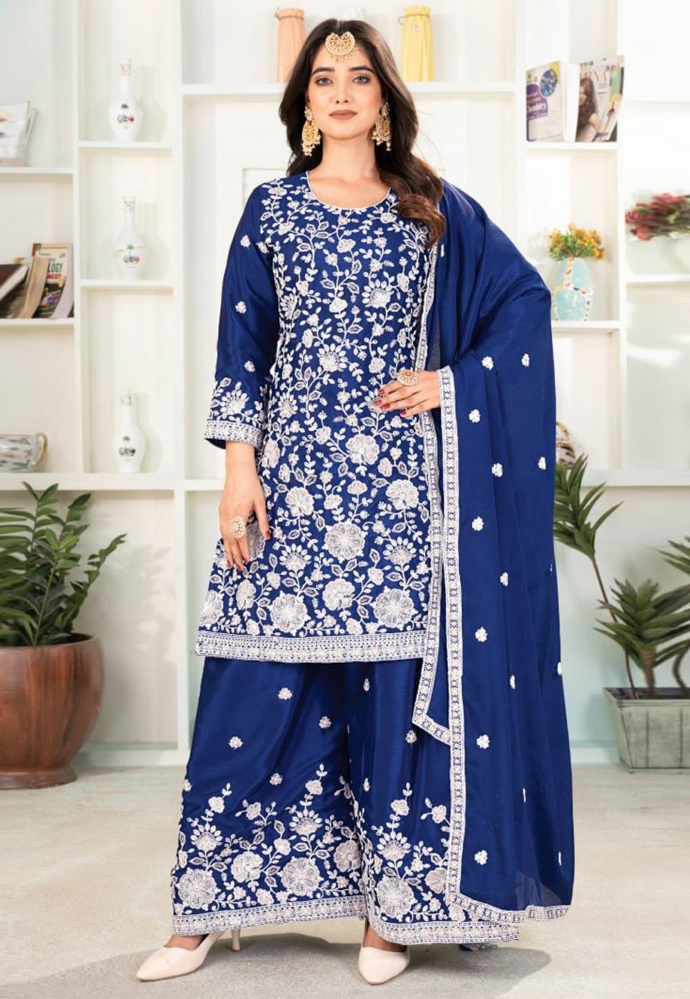 Navy Blue Chinon Silk Readymade Palazzo Suit 320363