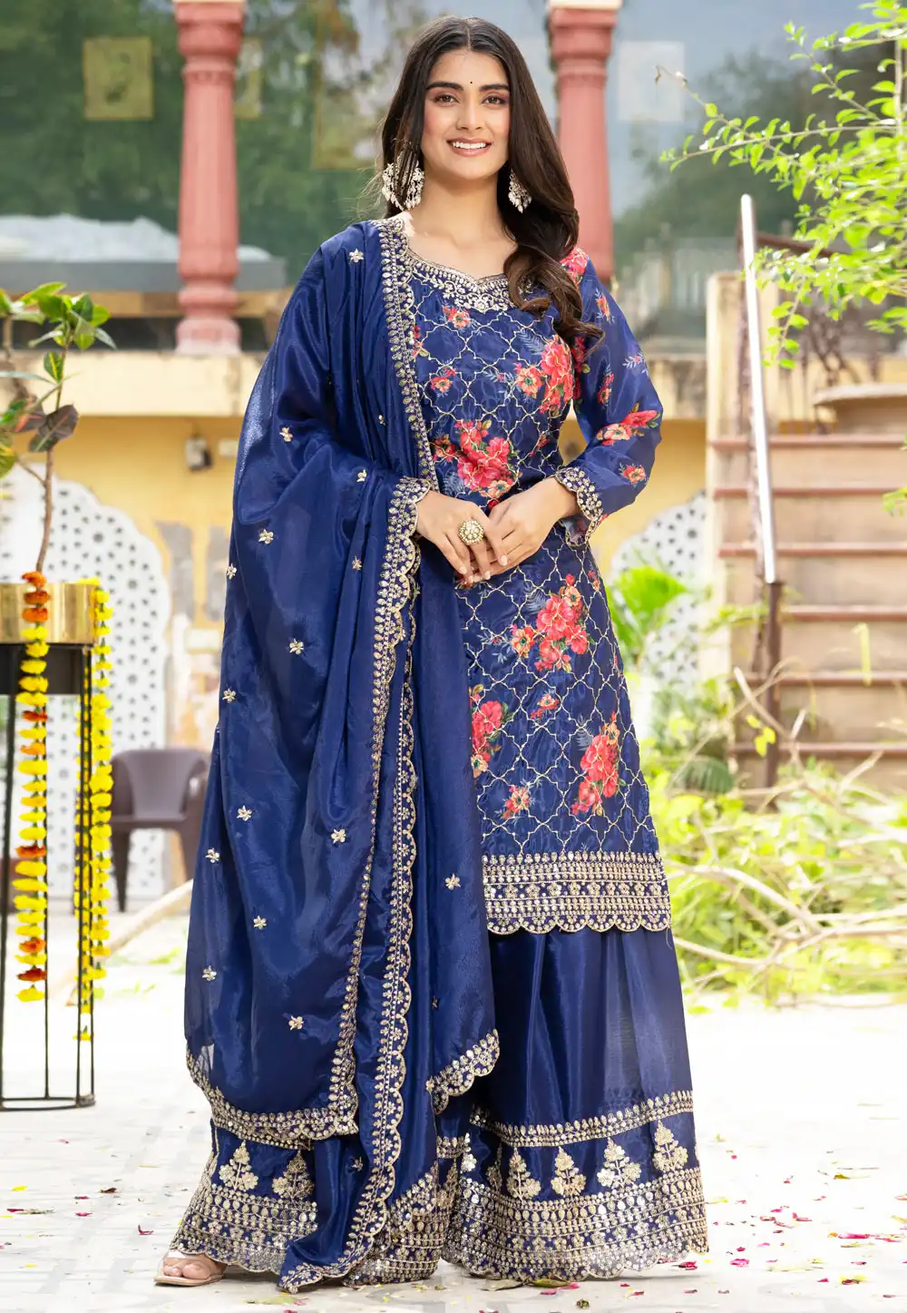 Navy Blue Chinon Silk Readymade Palazzo Suit 314479
