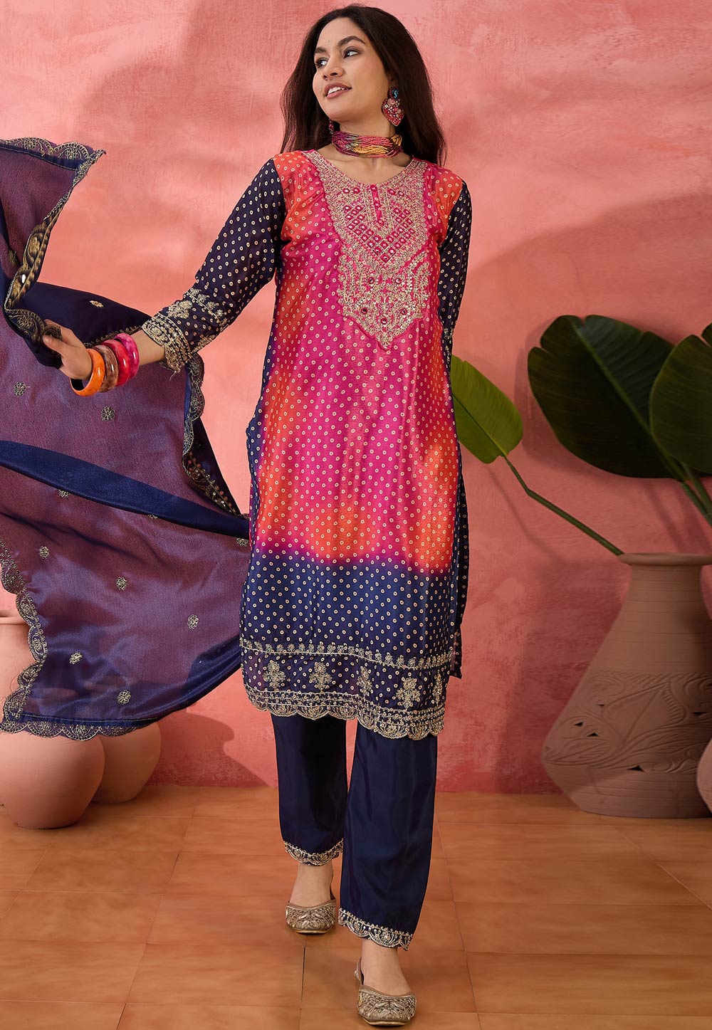 Navy Blue Chinon Silk Readymade Pant Style Suit 308259