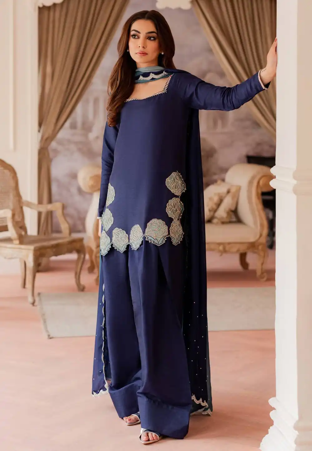 Navy Blue Chinon Silk Readymade Patiala Suit 329624