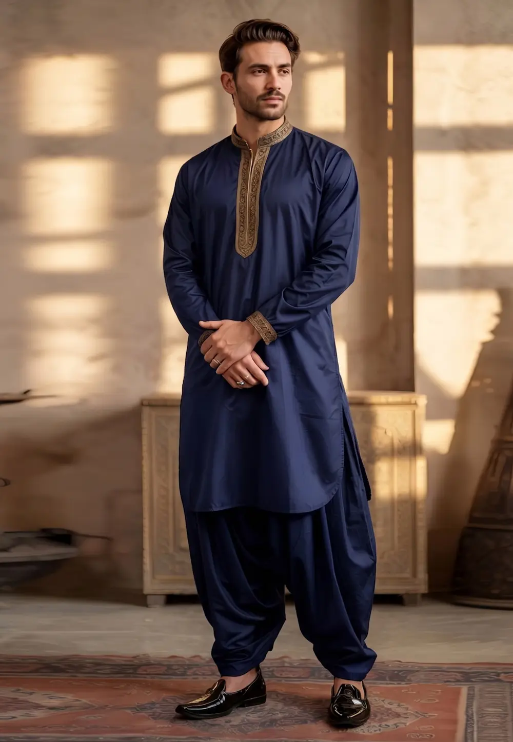 Navy Blue Cotton Dhoti Kurta 331914