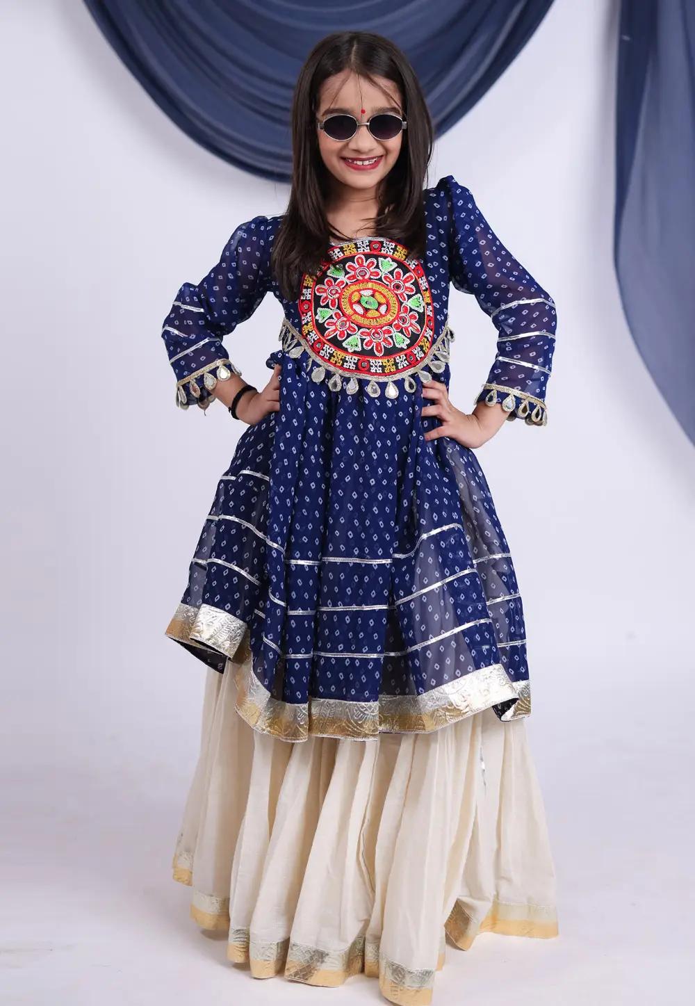Navy Blue Cotton Girls Navratri Lehenga Choli 335403