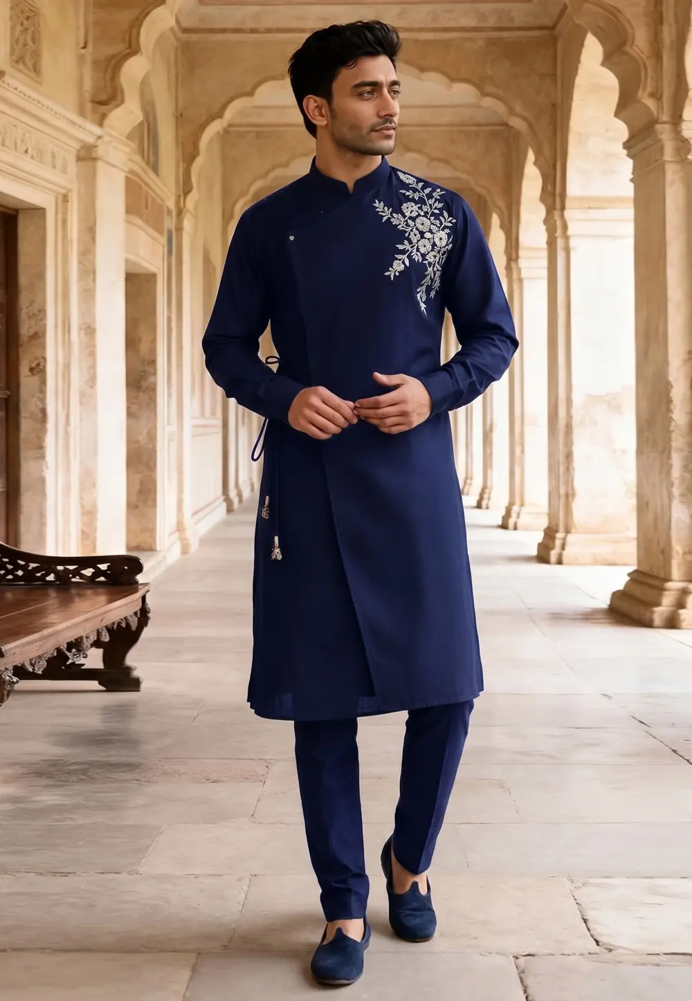 Navy Blue Cotton Indo Western Kurta 331942